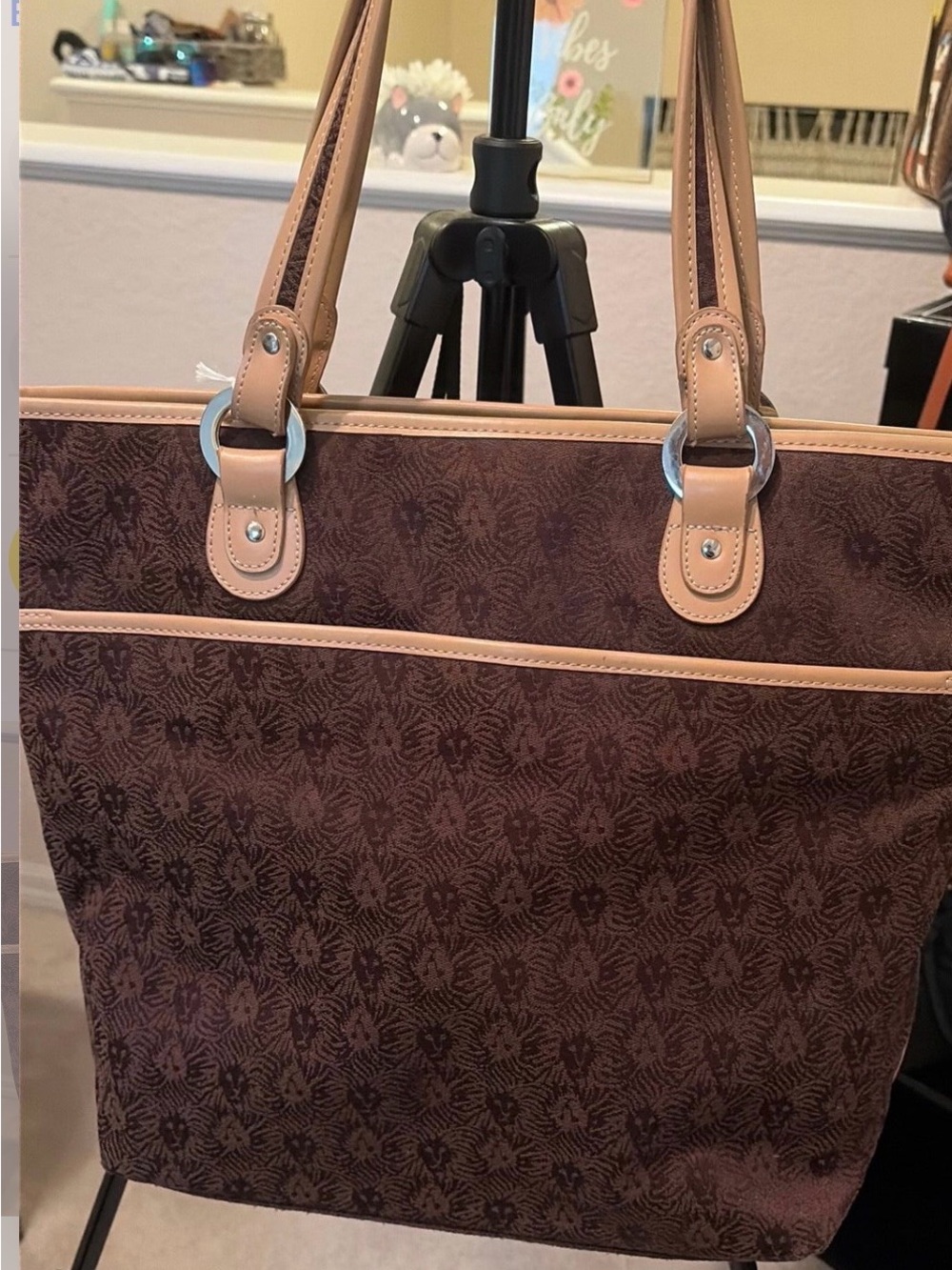 Anne Klein Brown Patterned Lion Tote with Tan Trim and Straps